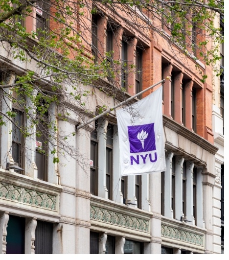 N Y U flag on side of building