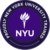 N Y U badge with text that reads proudly New York University trained