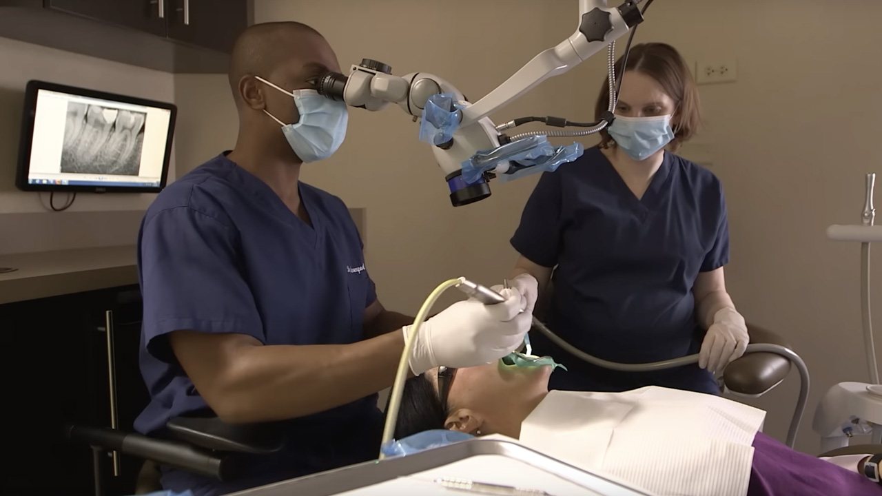 Collage of photos featuring people talking on microphones and treating dental patients